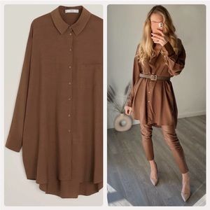 Mango Flowy Blouse Shirt Oversized New Chocolate Neutrals